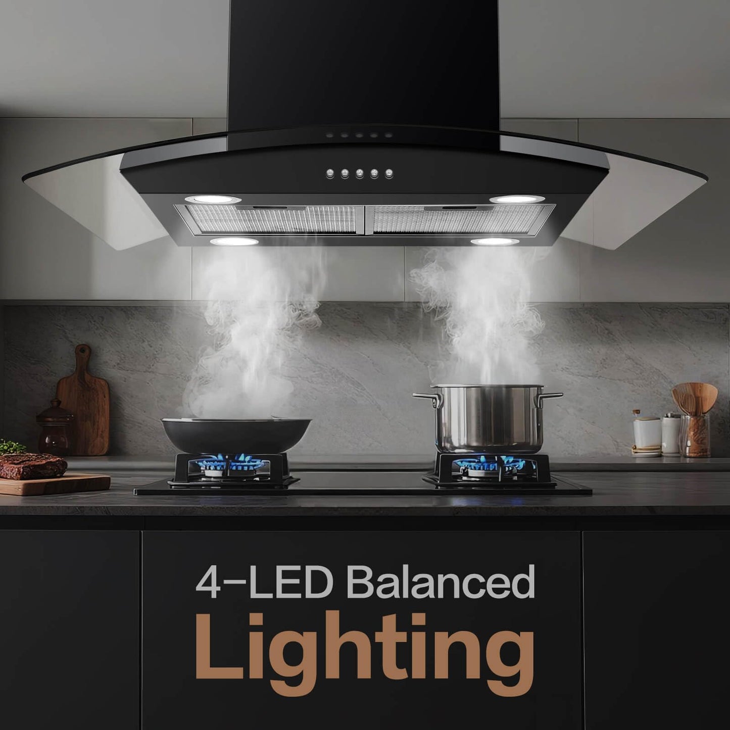 JOEAONZ Island Range Hood Black 30 inch 700CFM, Ceiling Mount Kitchen Vent Hood Stainless Steel Ducted/Ductless Convertible Extractor Stove Exhaust Fan, 5-layer Filters, Curved Tempered Glass