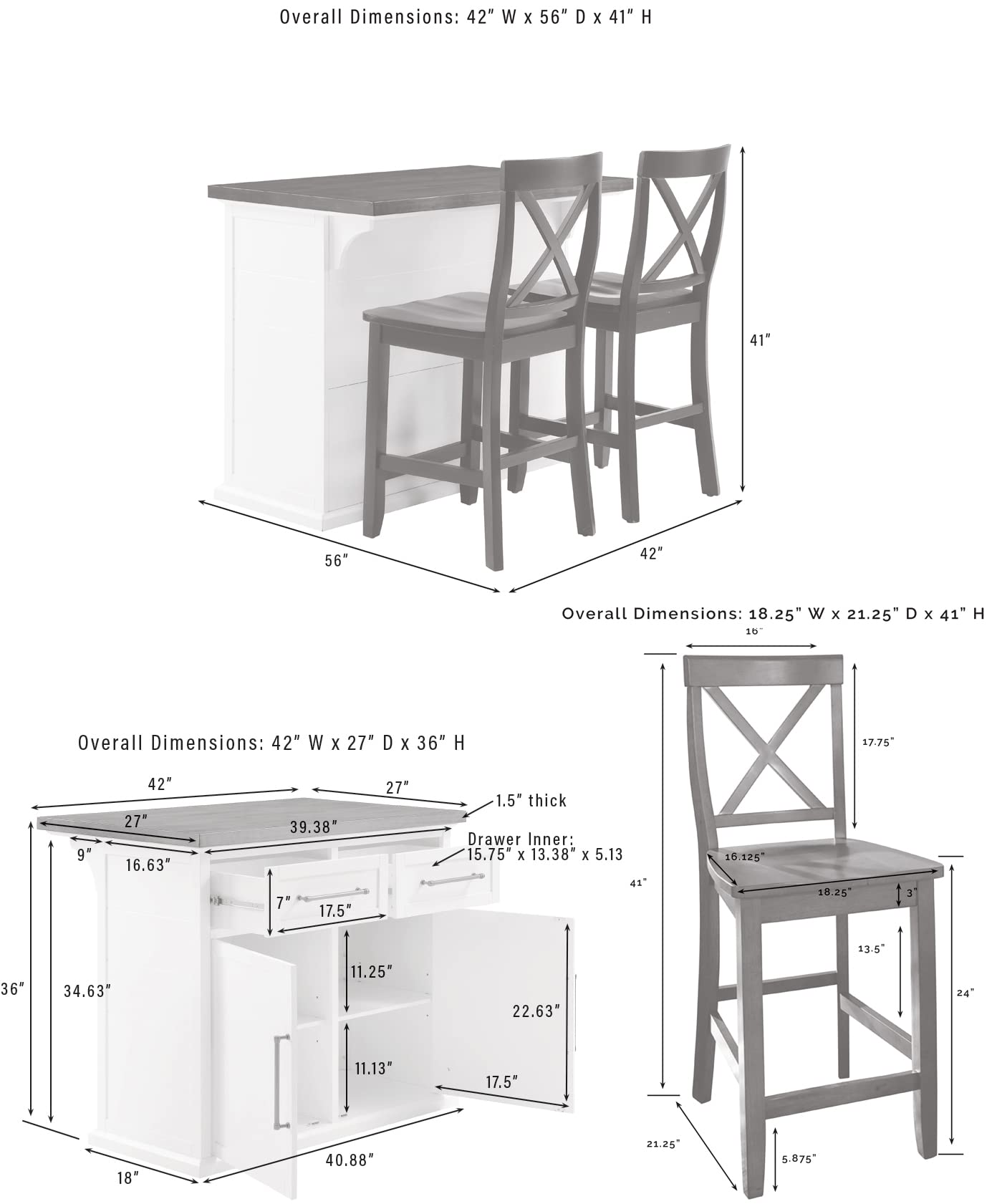 Crosley Furniture Bartlett Kitchen Island with Wood Top and X-Back Stools, White/Black