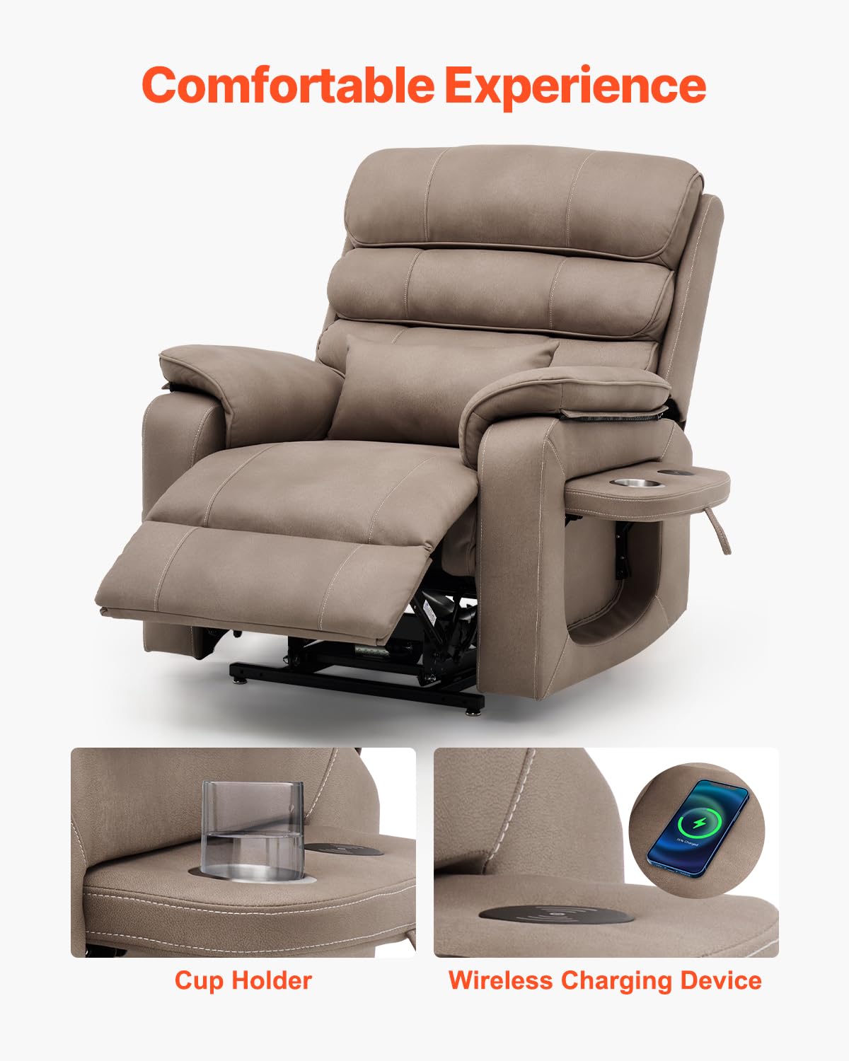 VEVOR Power Lift Recliner Chair, Dual Motor Lift Chair with Heat and Massage for Elderly, Infinite Position Adjustment Electric Recliner with a Cup Holder (Medium-Wide, Light Brown)