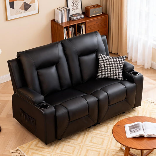 COMHOMA Living Room Furniture Set,Faux Leather Manual Recliner Sofa Sets with Cup Holders,Reclining Couch,Loveseat and Armchair,2,Black