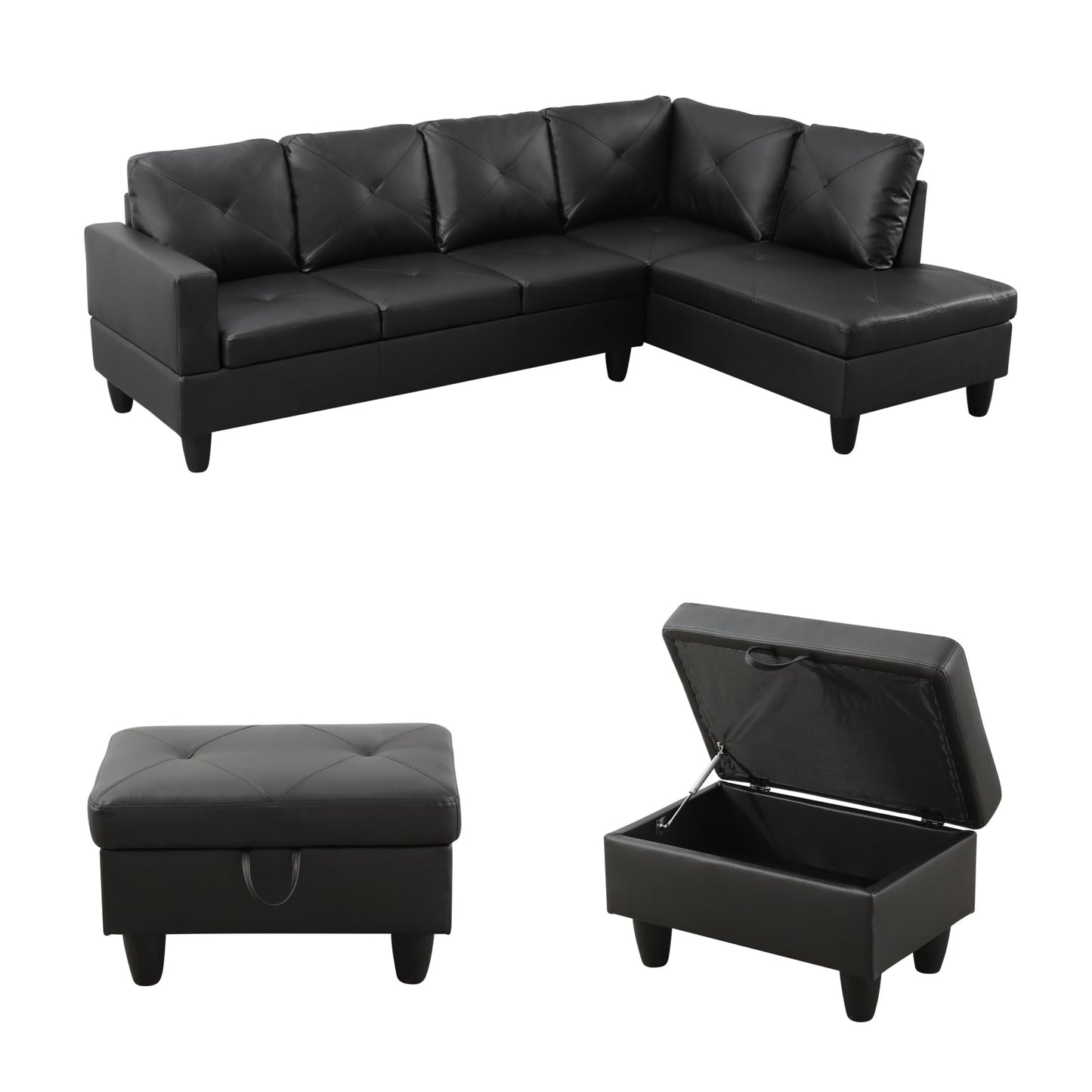 Topcomfy 97.5" L Shaped Couch Set, Modular Sectional Couches for Living Room with Storage Ottoman, 4 Seat Home Sofa Living Room Furniture Sets with Chaise for Apartment Office (Faux Leather, Black)