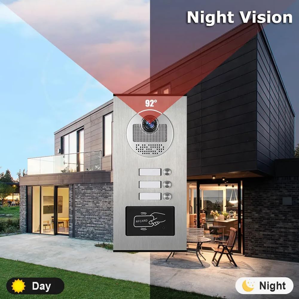 ANJIELO SMART Wired Video Multifamily Apartment Intercom System,2/3/4/6/8/10/12 Units 7 inch Monitor Video Door Phone Kit,Video Doorbell, ID Card Unlock, 2 Way Audio for Home (1 doorbell + 3 Monitor)