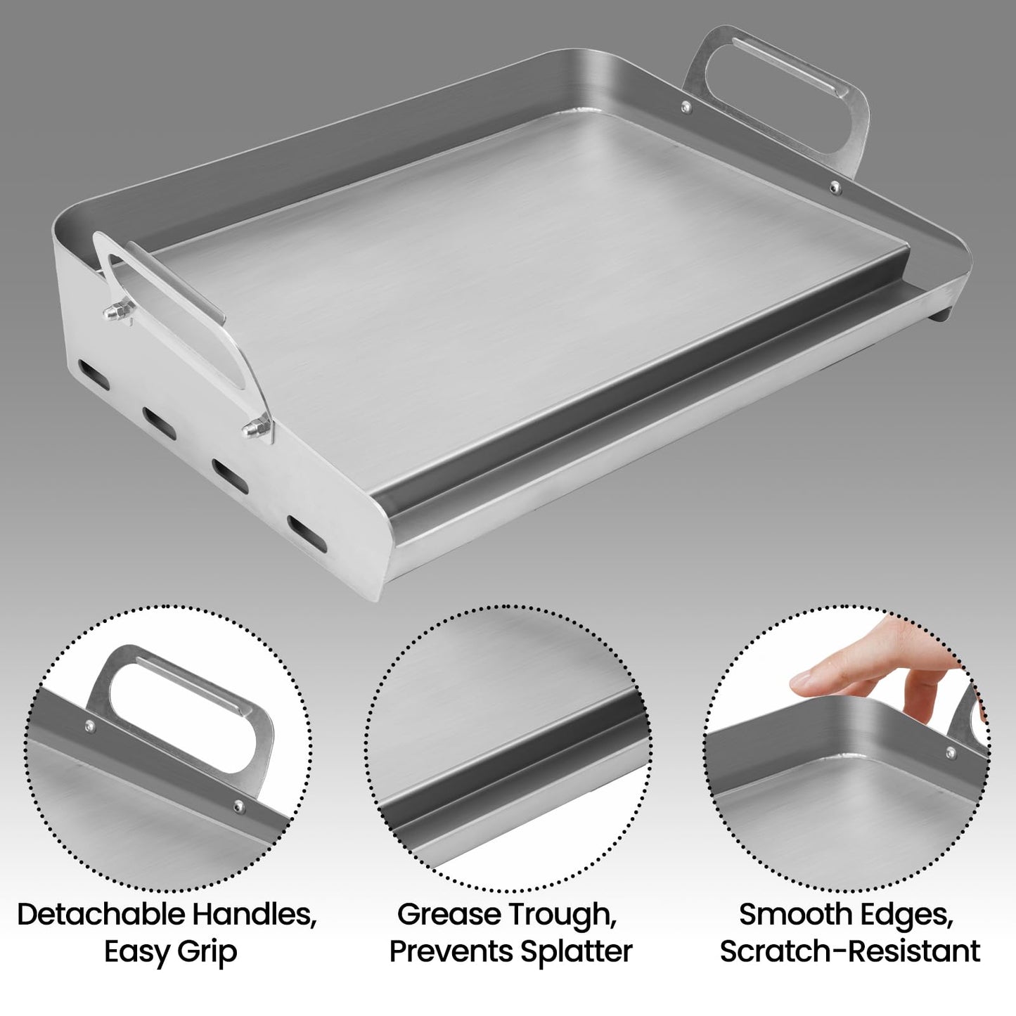 JiRiCHMi 23x16 Inch Griddle for Gas Grill Reinforced Bottom Anti Warp Detachable Handle Grease Groove Stainless Steel Flat Top for Pellet Grill and Stove Outdoor Indoor Cooking