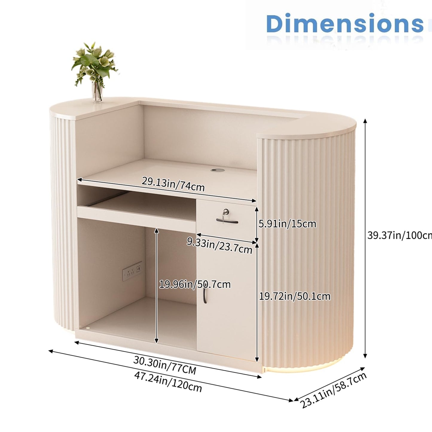 Modern Reception Desk with Counter - Curved Front Checkout Page with Led Lighting, Lockable Drawers, Hidden Cable Management and Wood Construction, Salon Reception Desk for Beauty Salons