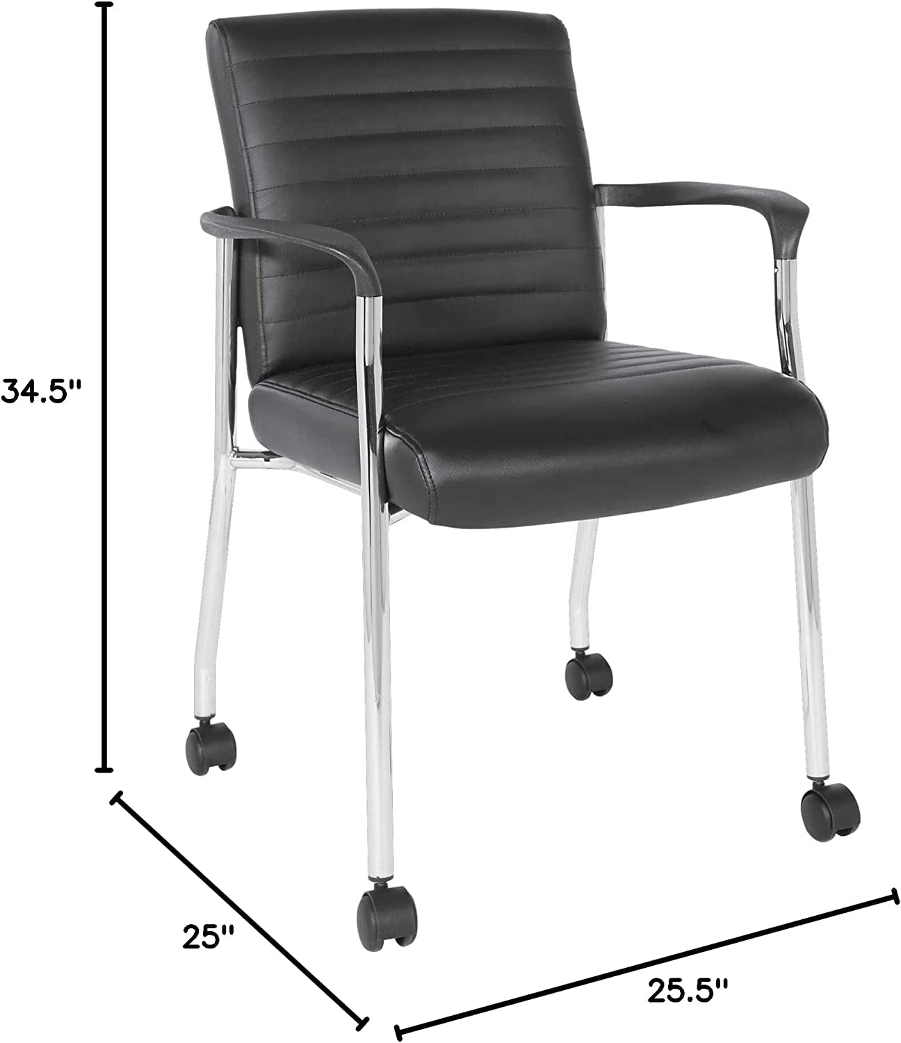 Office Star FL Series Faux Leather Padded Guest Chair with Built-in Lumbar Support and Casters, Black with Chrome Frame