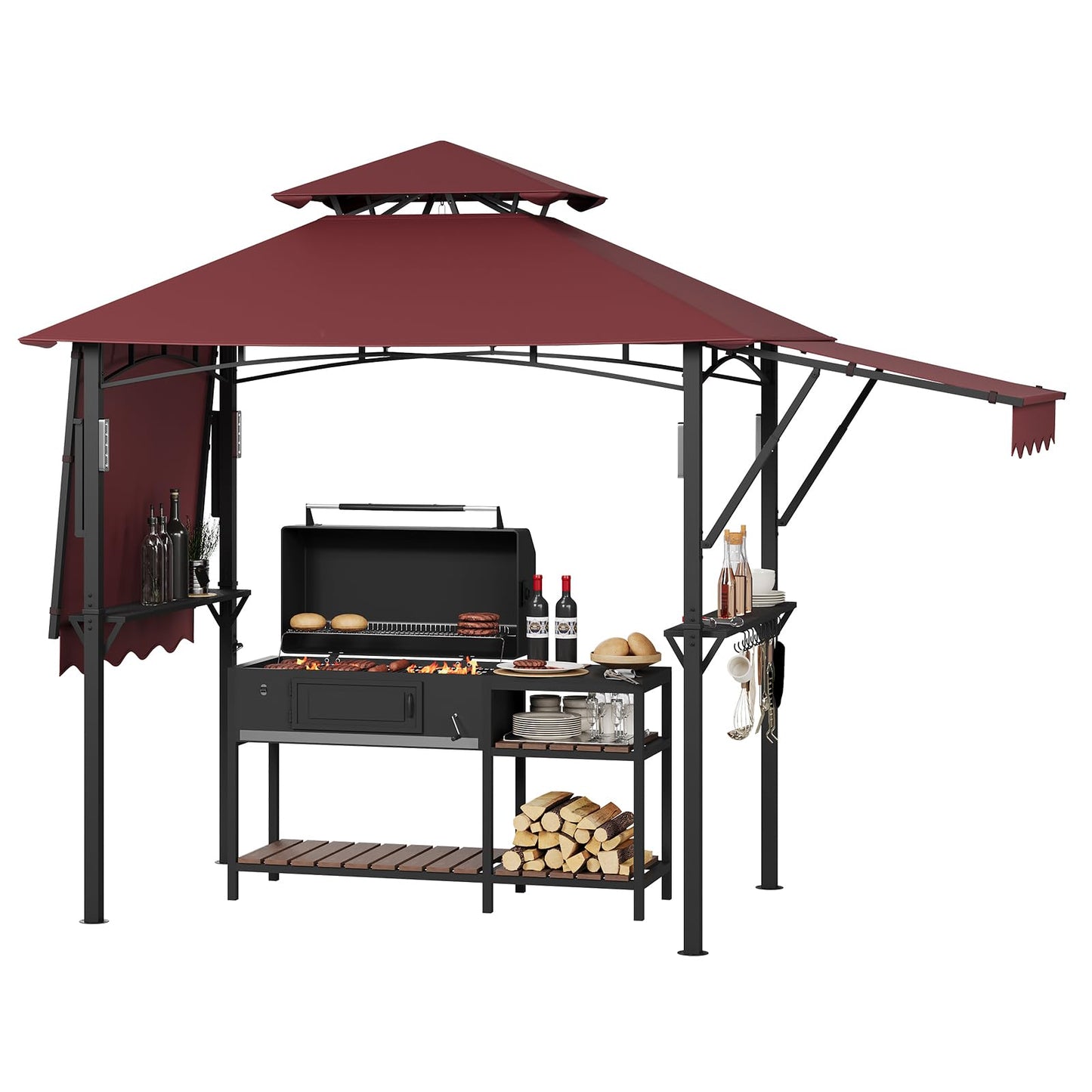Garvee 8x5 Grill Gazebo Outdoor BBQ Canopy, Double Tier Patio Grill Shelter with Adjustable Dual Side Awnings, 2 Handy Shelves, Hooks & Ceiling Light Hook, Heavy Duty Steel Frame for Backyard-Claret