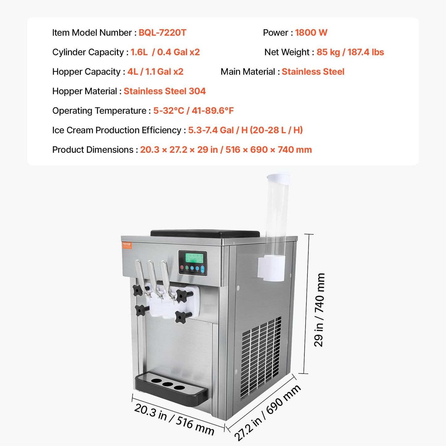 VEVOR Commercial Ice Cream Machine, 21 QT/H Soft Serve Ice Cream Maker with LCD Panel Auto Clean 3-Flavor Pre-cooling for Restaurant Snack Bar