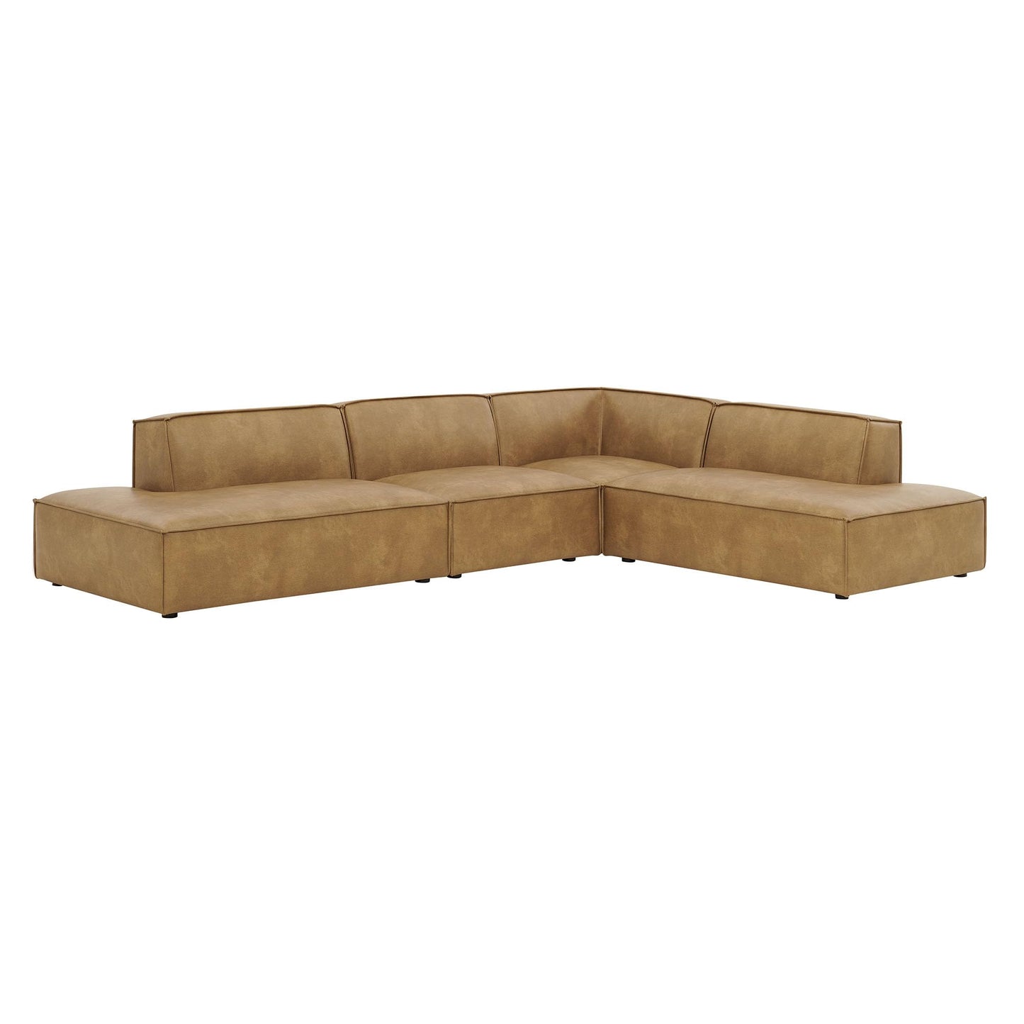 Modway Restore Faux Leather 4-Piece Modular L-Shaped Armless Sectional Sofa in Toast – Low Profile Vegan Leather Couch with Coil Seat Support and French Piping