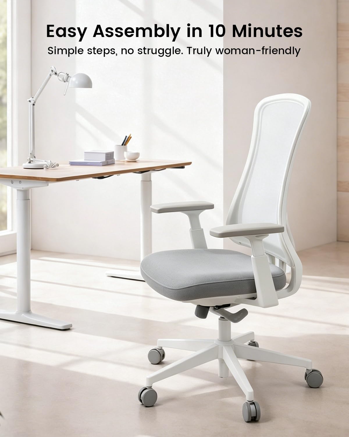 ProtoArc Ergonomic Office Chair – Flexer Mesh Couputer Chair for Women, Foam Sliding Seat, 125° Recline, Home Desk Chairs for Small Spaces, Stylish & Comfortable – White