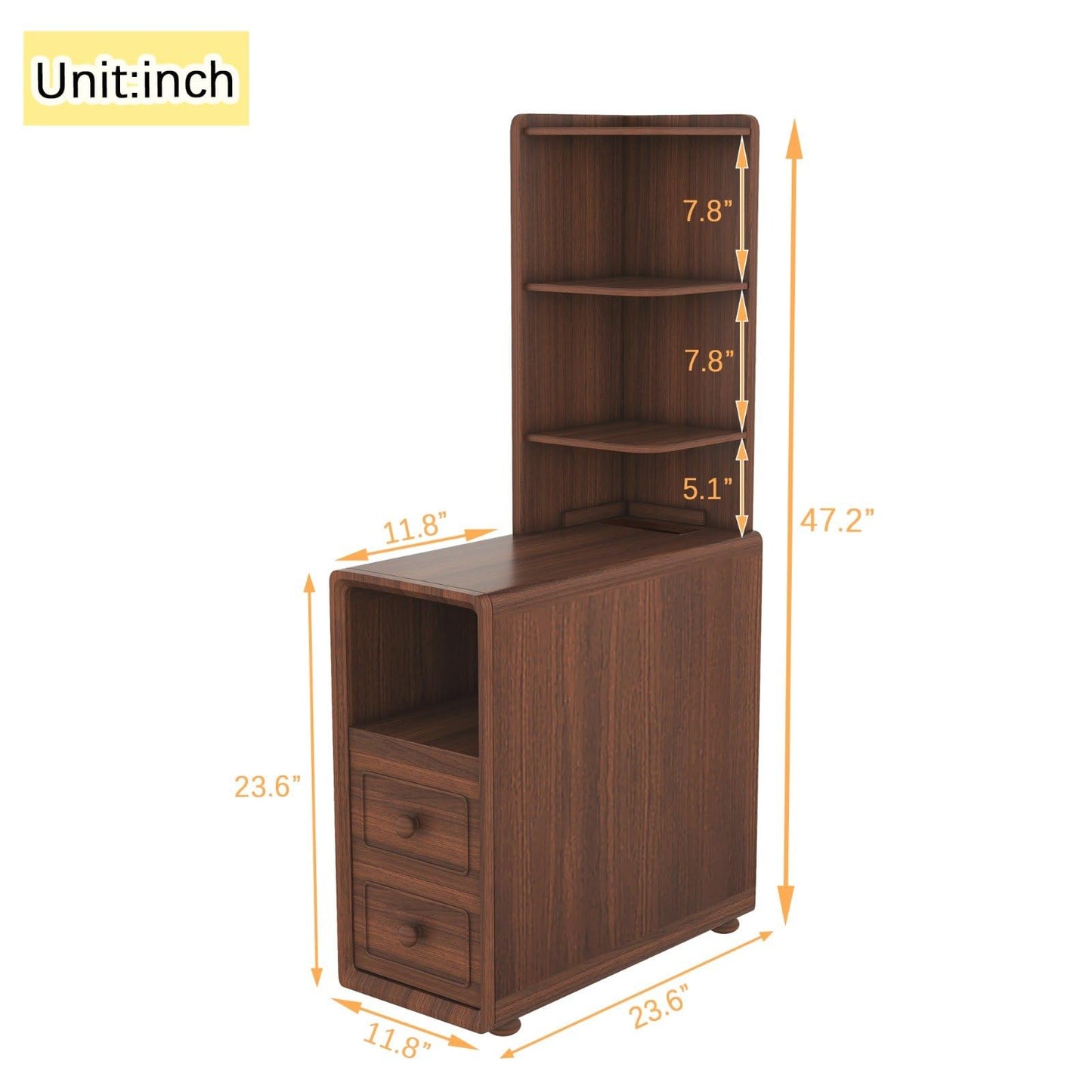 FRITHJILL Narrow End Table, Corner Bookshelf for Living Room, Nightstand with Charging Station and 3-Tier Display Shelf, 2 Drawers Storage Cabinet, Space Saving Side Table