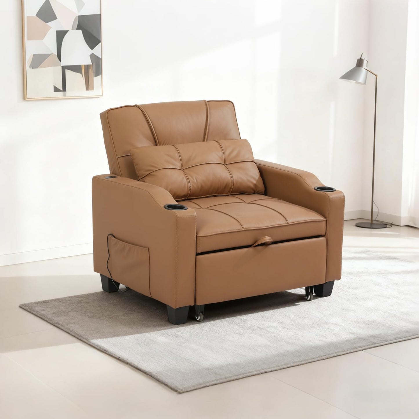 4 in 1 Convertible Sleeper Chair Bed with Vibration Massage Lumbar Pillow, Single Sofa Recliner Featuring USB/Type-C Port, Cup Holders & Side Pocket, Space-Saving Pull Out Bed for Small Spaces, Brown