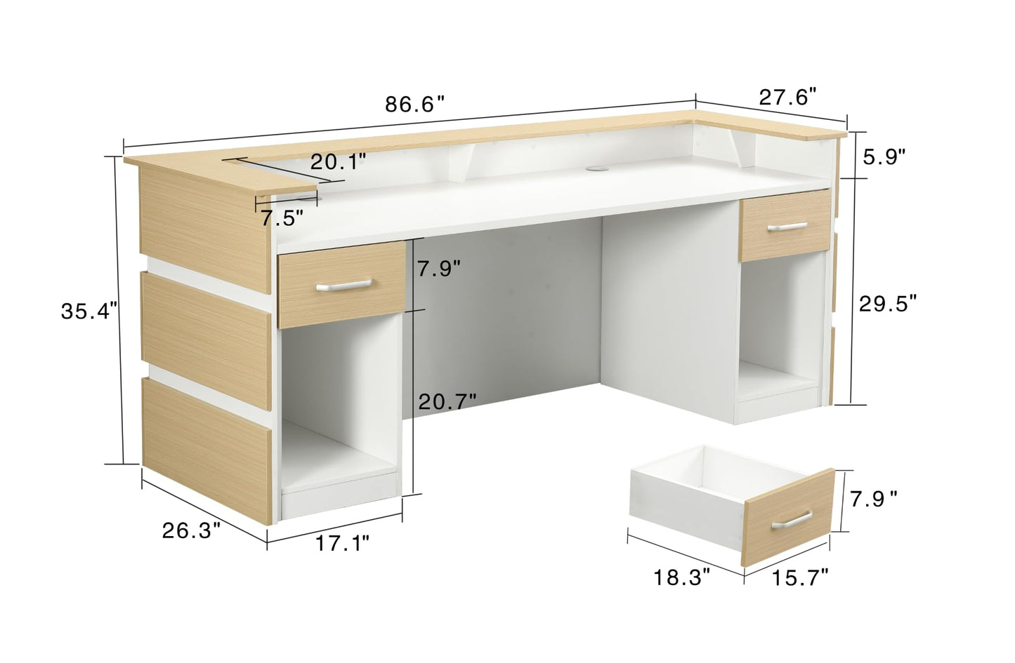 Mares 87" Wood Office Reception Desk Counter & Drawers w/Telescopic Rails & Chrome Handles | Cable Grommet Holes | Option to Add Logo | Front Table Furniture Nail Hair Beauty Salon Spa Restaurant