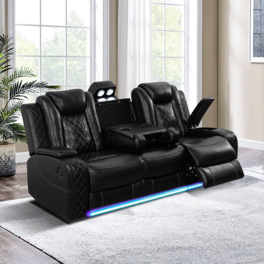 Electric Power Recliner Sofa Living Room Furniture, Comfy Home Theater Breathing Leather Seating with USB 2.0 Charging Ports, LED Light Strips, Fold-Down Table & Wireless charging device (Black)