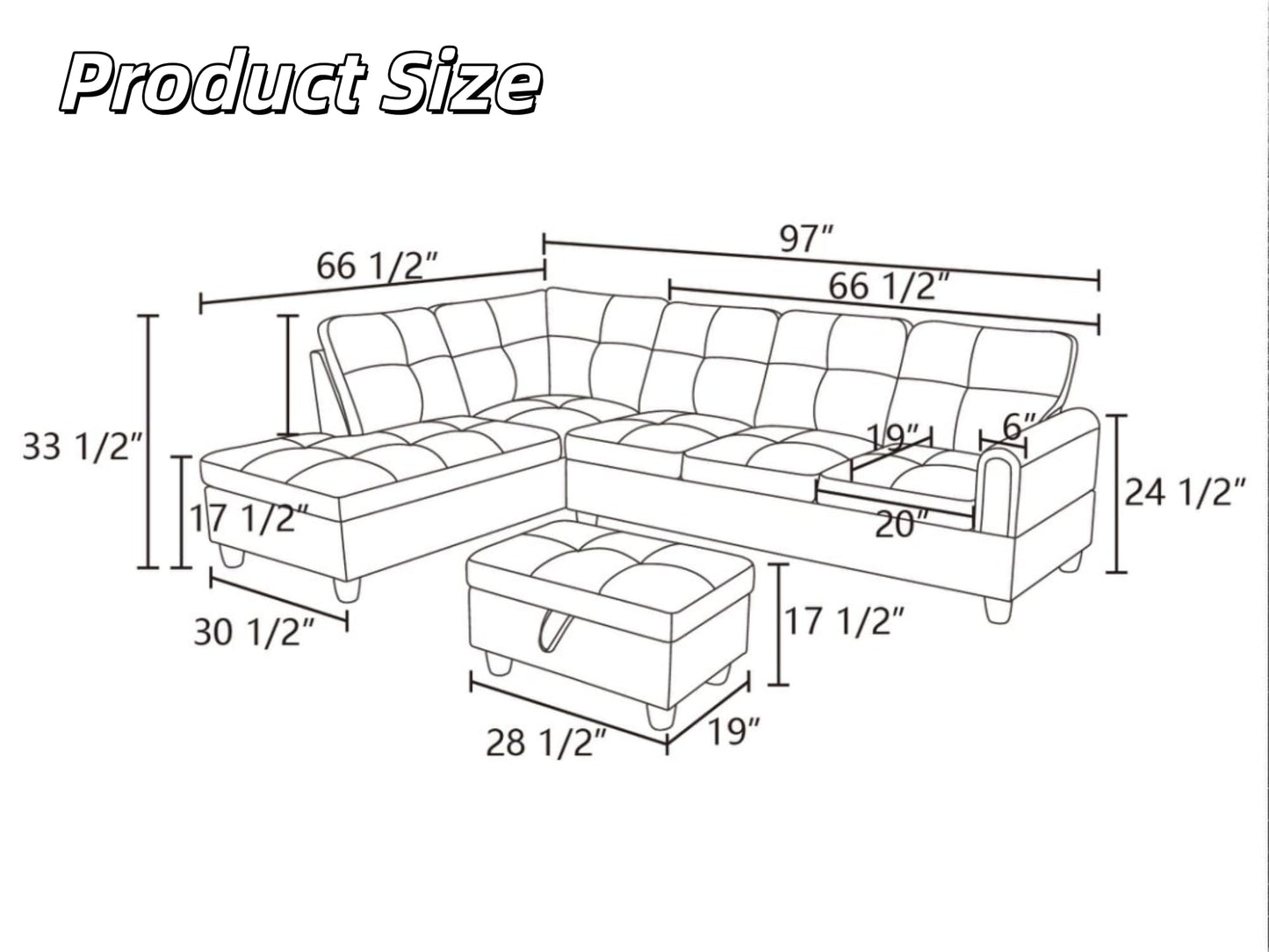 Trygoal L-Shaped Sectional Sofa with Movable Chaise & Storage Ottoman, Leather 3-Piece Modular Convertible Couches for Living Room, Apartment & Office, Dark Black