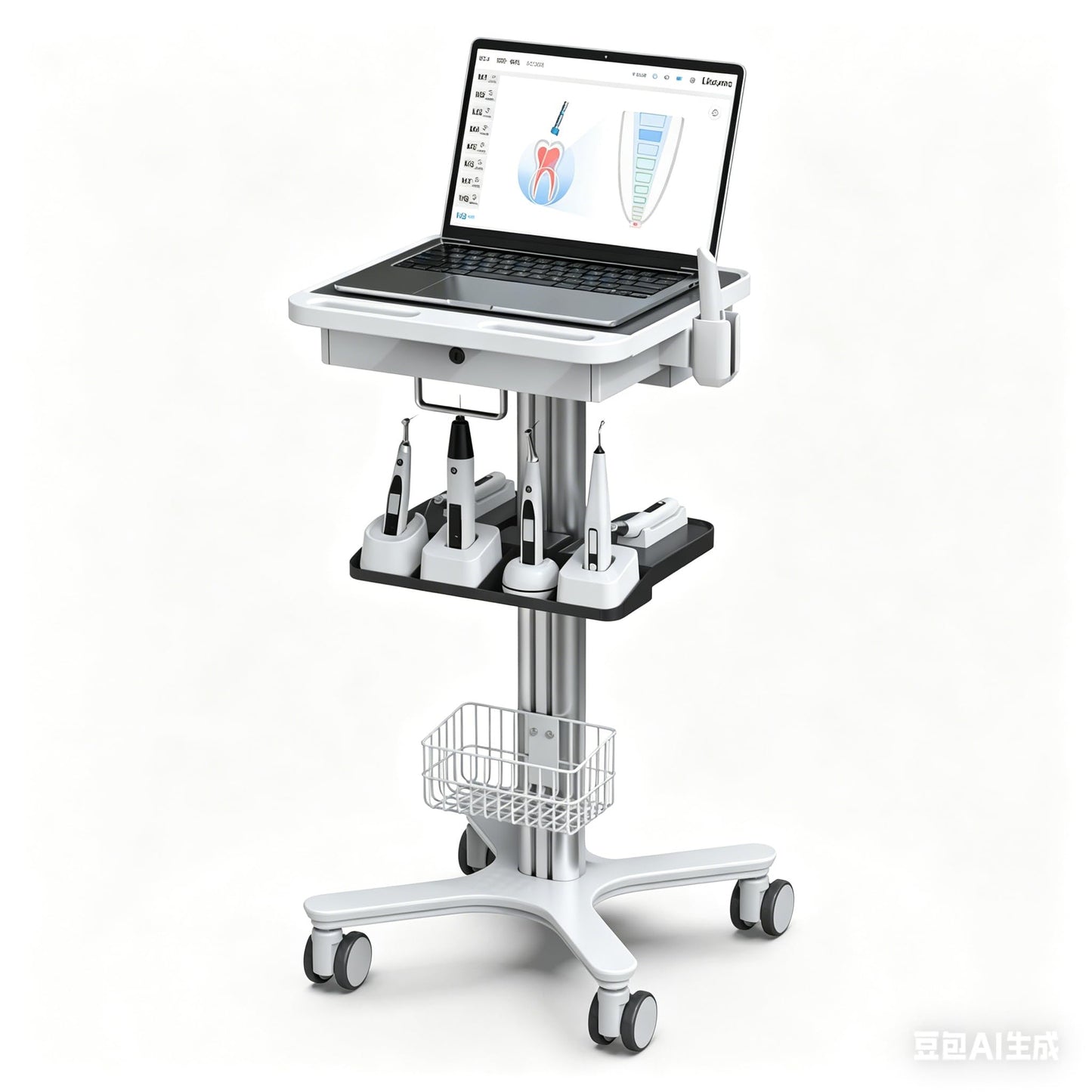 Medical Trolley Cart with Laptop Tray, Mobile Dental Clinic Workstation with Oral Scanner Holder for Hospitals Beauty Salon and Labs