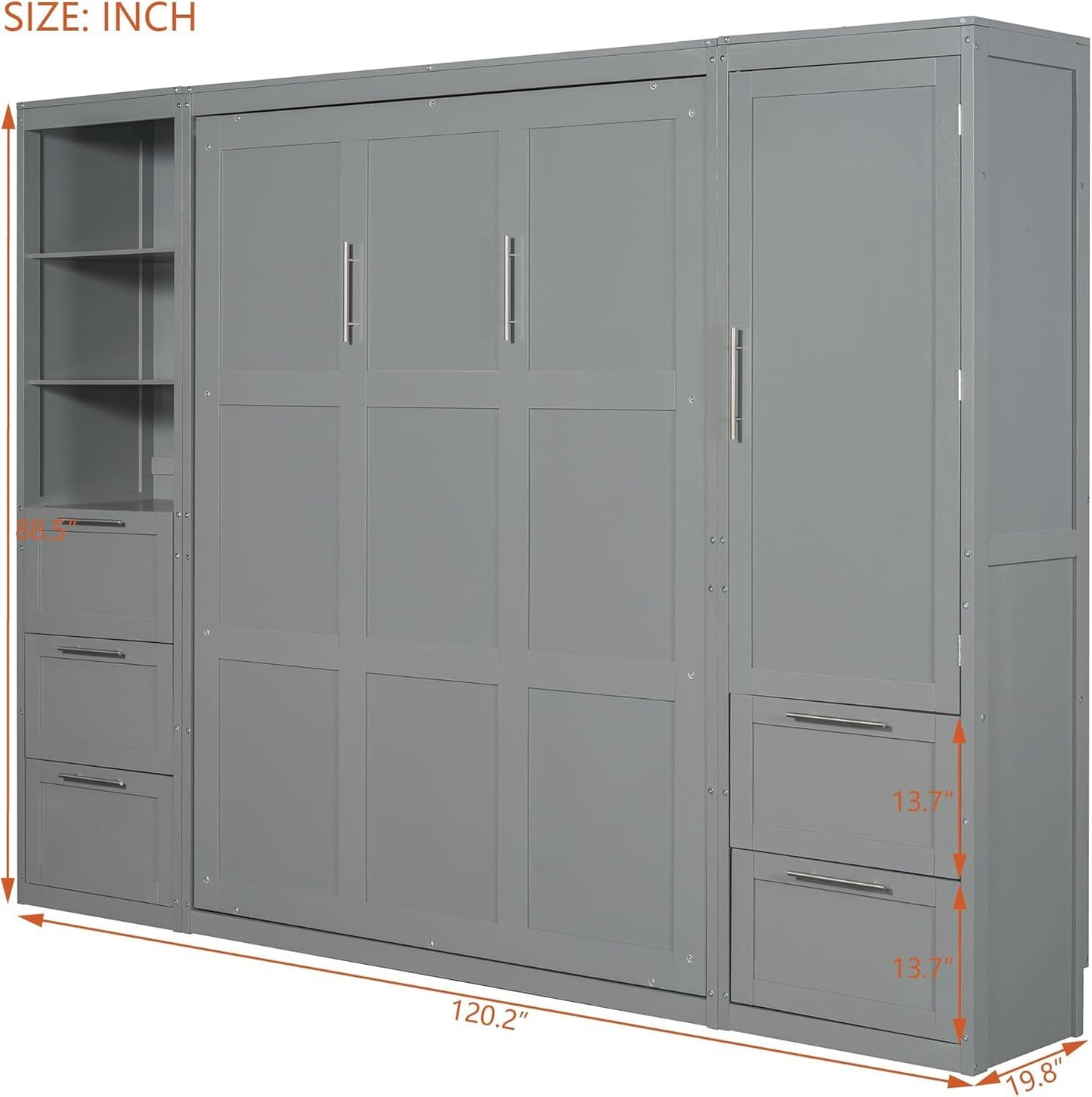 Queen Murphy Bed with Storage Wardrobe Closet,Drawers and Open Shelves,Wood Folding Farmhouse Murphy Wall Bed with Shelves,Space-Saving for Small Spaces Studio Study Office Guest Room (Grey)