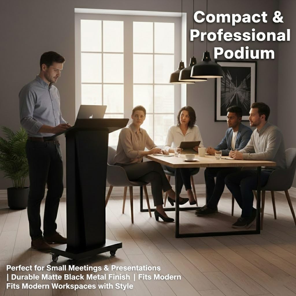 MOOFI Mobile Podium Stand with Wheels, Heavy Duty Rolling Lectern with Lockable Casters, Black Metal Pulpit with Storage Cabinet for Church, Classroom, Office & Conference Presentations