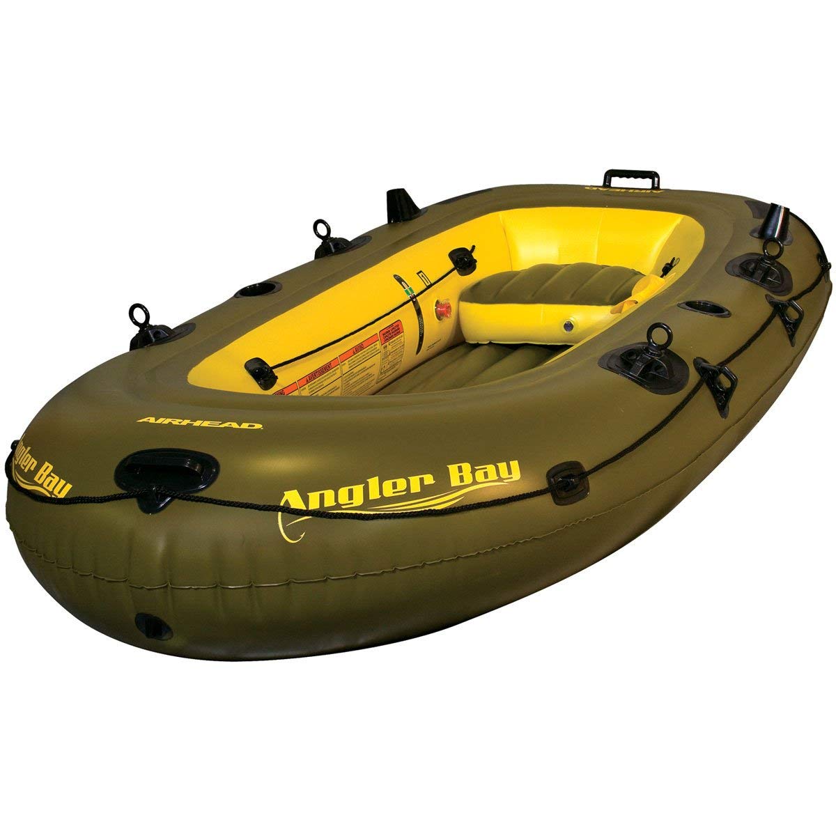 Angler Bay Inflatable 4 Person Boat, Lightweight and Portable for a Safe Adventure, Includes Rod Holders, Drink Holders, Drain Plugs, Battery Storage Bag, and Ditty Bag