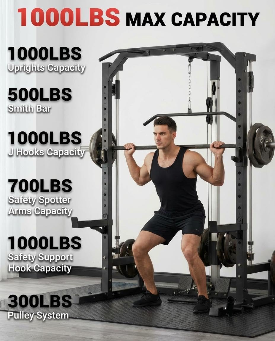 Compact Smith Machine Home Gym, All-in-1 Power Rack with LAT Pulldown Cable System, 1000LB Capacity, Squat Rack & Strength Training Station for Small Spaces