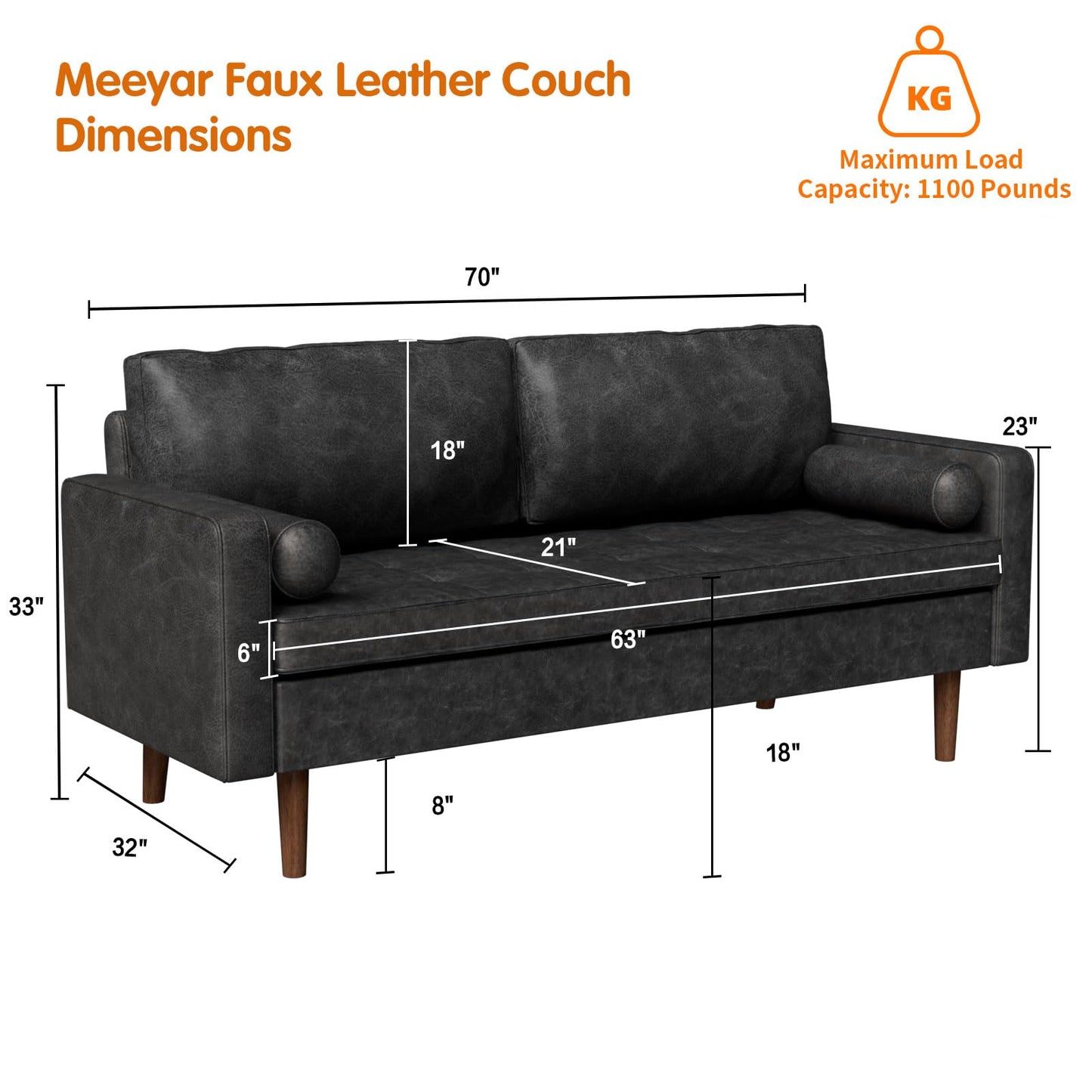 Meeyar 70" Mid-Century Modern Sofa Couch – Faux Leather Loveseat Sofa with Deep Seat & Solid Wood Frame – Includes 2 Accent Pillows – Black Living Room Bedroom Office (Black, 70 inches)