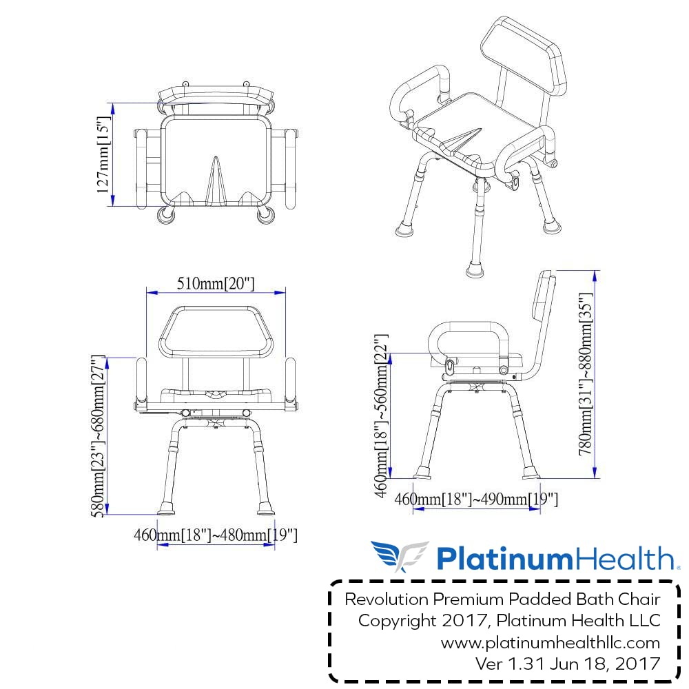 Platinum Health Revolution Pivoting Shower Chair for Bathtub, Adjustable Swivel Seat with Padded Back and Arms, Space Saving Design for Tubs, Shower, for Elderly, Handicap & Seniors, Aluminum, Blue