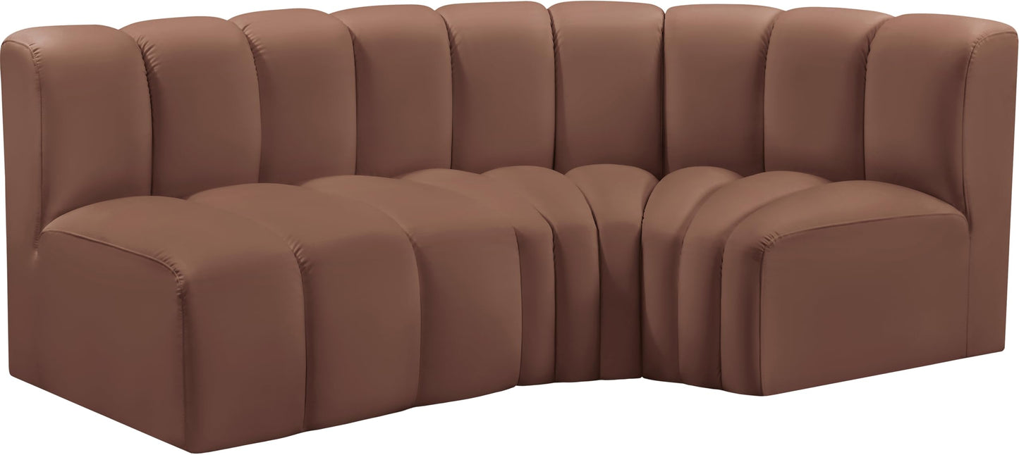 Meridian Furniture 101Cognac-S3A Arc Collection Modern | Contemporary Modular Sofa with Soft Cognac Vegan Leather, Deep Channel Tufting, Modular Design, 84" W x 39" D x 30" H, Cognac