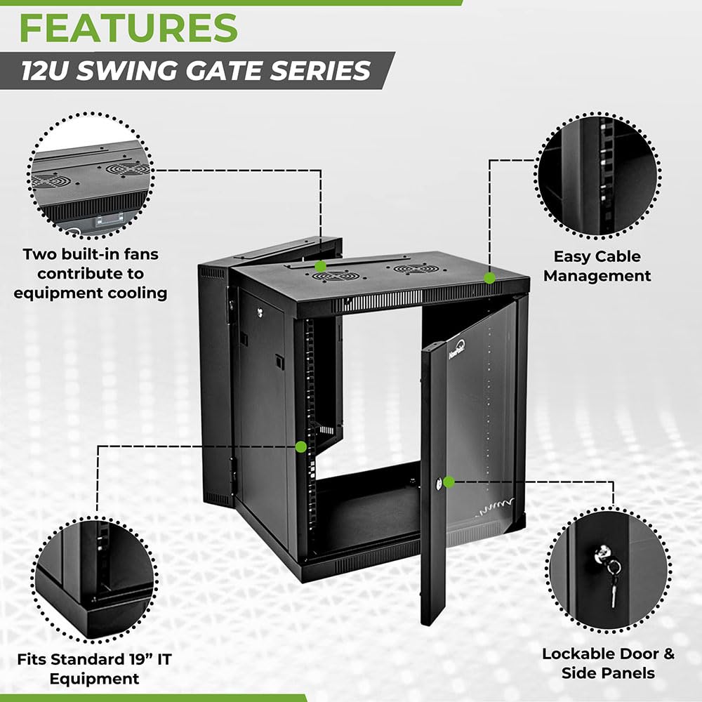 NavePoint 12U Cabinet with Hinged Back - 17.7” Deep, Server Rack Enclosure with Locking Glass Door, Wall Mount Rack with Removable Side Panels, Network Cabinet with 2 Fans, Assembled
