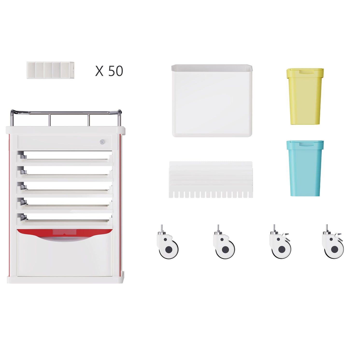 OLERN Medication Bins Cart with 200 Bins, 10 Drawers - Dual-Sided Open, 50 Medicine Boxes, Hidden Sub Workbench, Silent Casters, Container, 2 Trash Bin-Medical Crash Cart for Clinic, Hospital and Lab