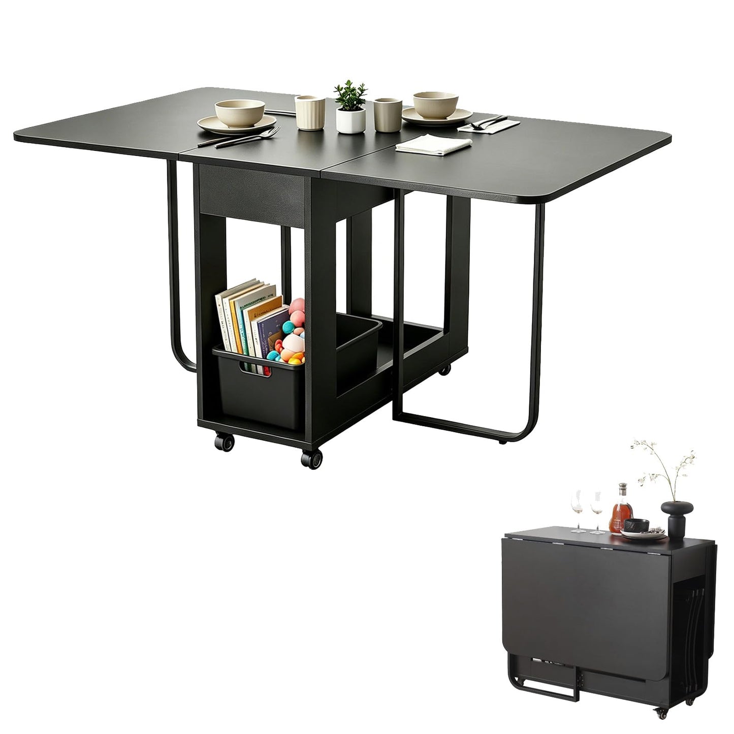 VASTATIO Folding Dining Room Table with Two Drawers for 4/6 with Space Saving Drop Leaf Table,Lockable Wheels & Storage, Heavy Duty Plywood Top 300lb, Convertible Desk for Apartments/RV/Home Office