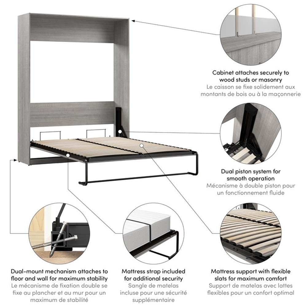 Pemberly Row Modern Queen Murphy Bed, Engineered Wood, Platinum Gray Finish, Space-Saving Dual Piston Wall Bed with Brushed Nickel Hardware, Mattress Support Slats, Ideal for Bedroom Use
