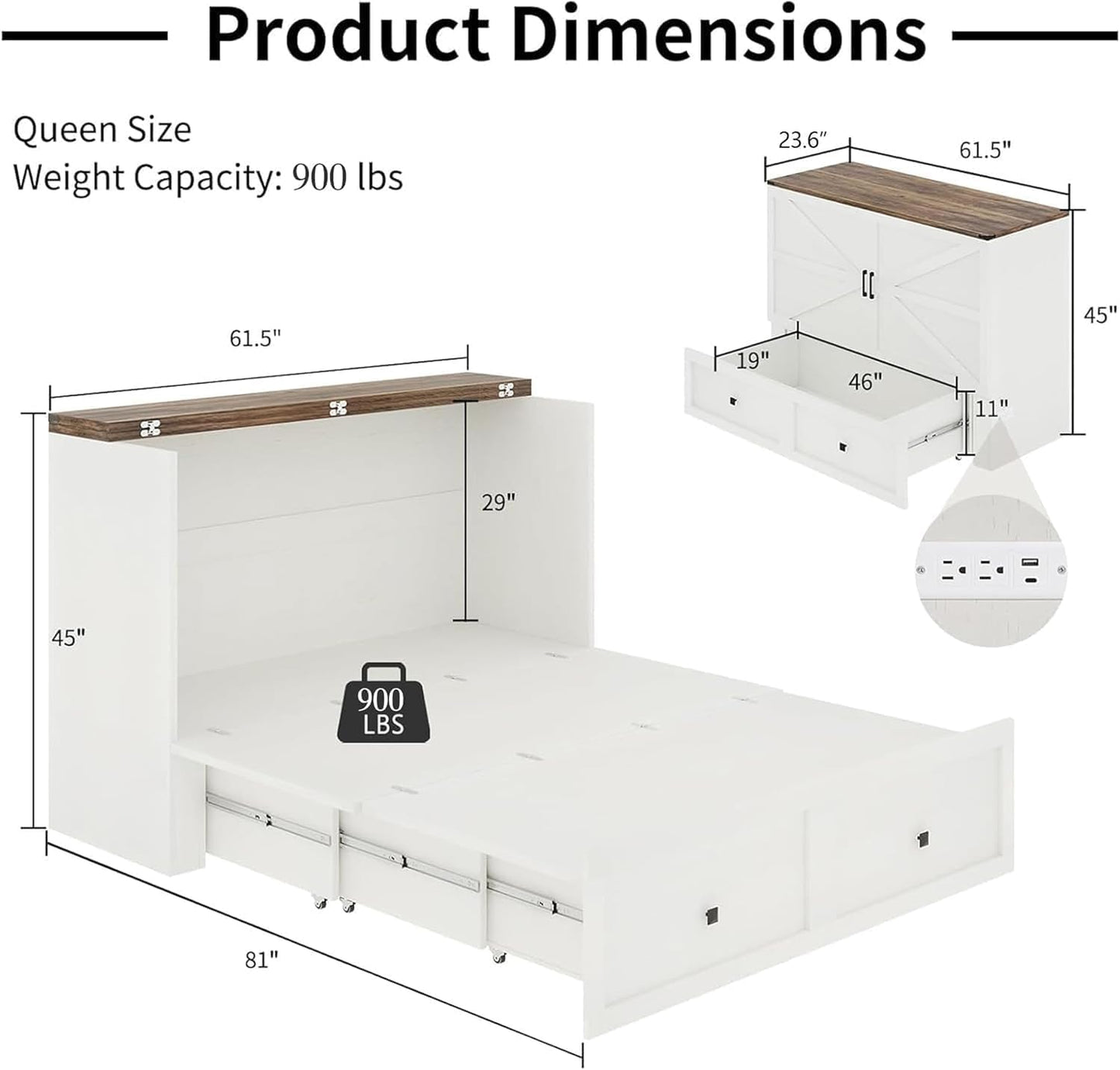 Garvee Farmhouse Queen Murphy Bed with Charging Station & Easy Fold-Down - 900lbs Capacity Heavy Duty Murphy Bed Cabinet with Storage for Living Room, Bedroom, Office