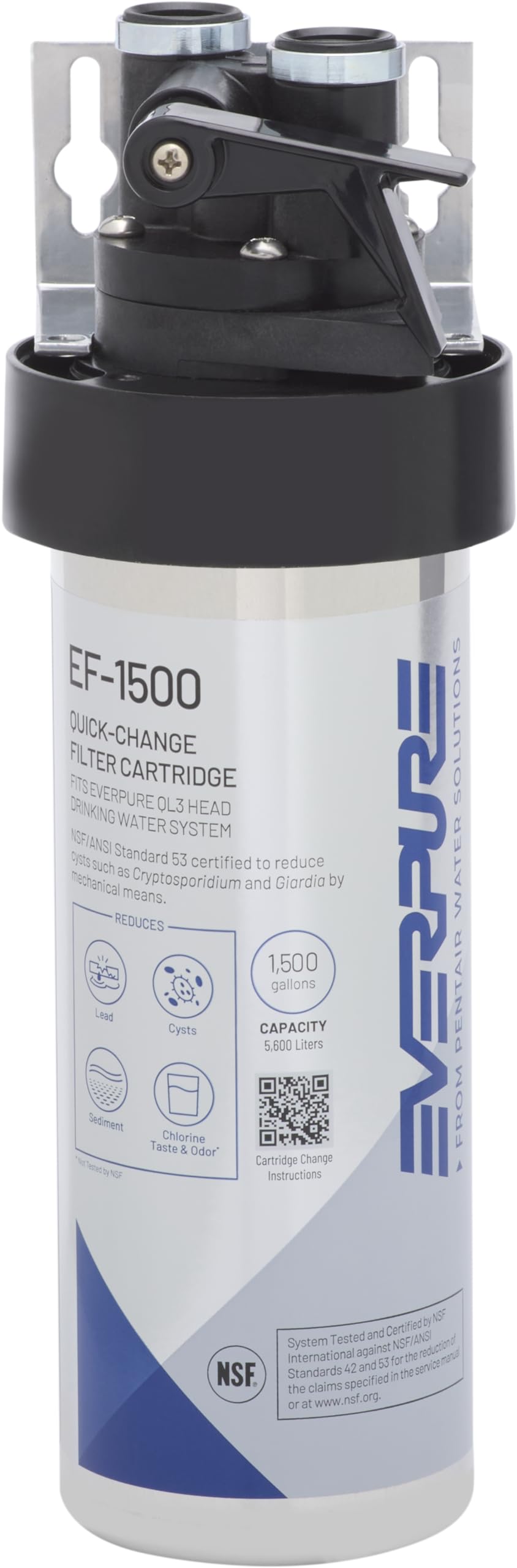 Pentair Everpure EF-1500 Full Flow Drinking Water System, EV985800, NSF Certified to Reduce Lead, Includes Filter Head, Cartridge, and All Hardware, 1,500 Gallon Capacity, 0.5 Micron