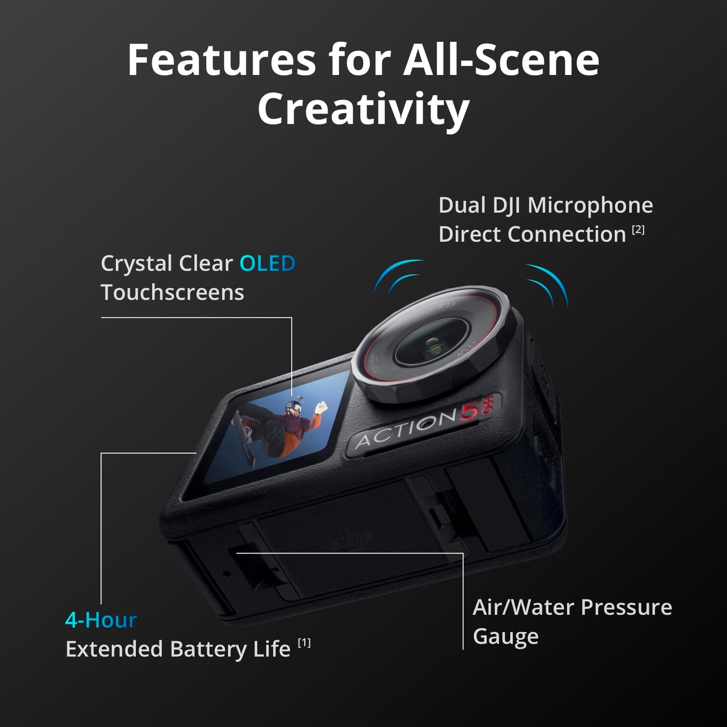DJI Osmo Action 5 Pro Waterproof Action Camera Bundle, 1/1.3" Sensor, 4K/120fps Video, Subject Tracking, 47GB Built-in Storage, Original Standard Combo + 58 Piece Accessory Kit + Extra 64GB Card