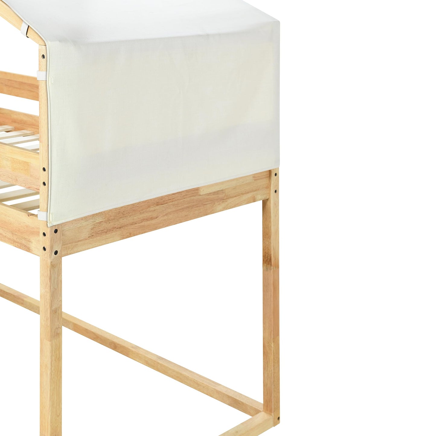 Merax Twin Over Twin Bunk Bed Wood Frame with Beige Cotton Tent,House-Shaped for Kids Toddlers Teens Girls Boys,Natural