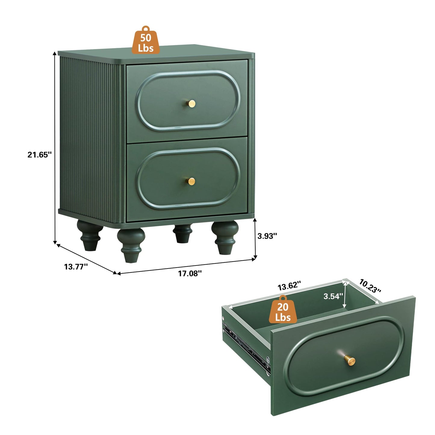 2 Drawer Fluted Nightstand Set of 2, Mid Century Modern Farmhouse Night Stand Small End Table Bedside Table for Bedroom, Green
