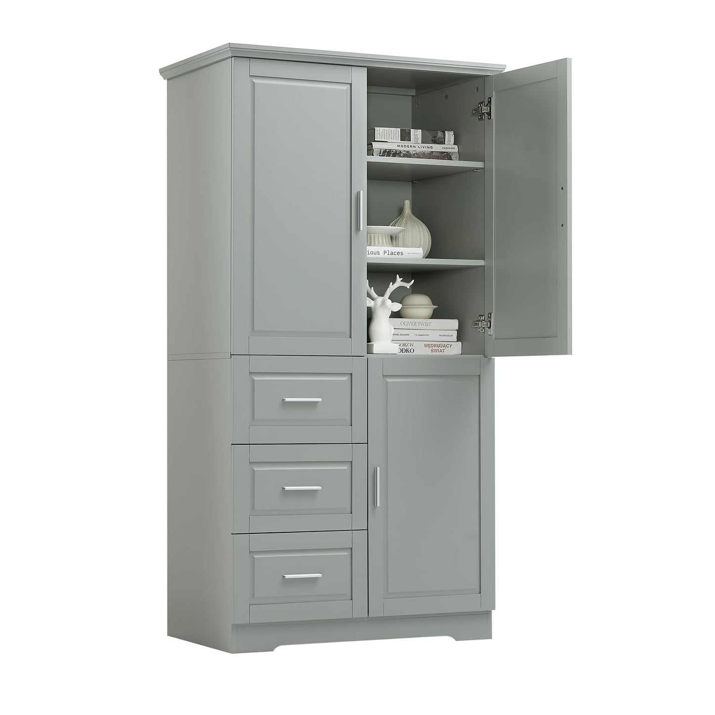 Storage Cabinet with Three Drawers and Doors, Wide Pantry Cupboard for Kitchen, Living Room and Bathroom, Adjustable Shelf, Grey