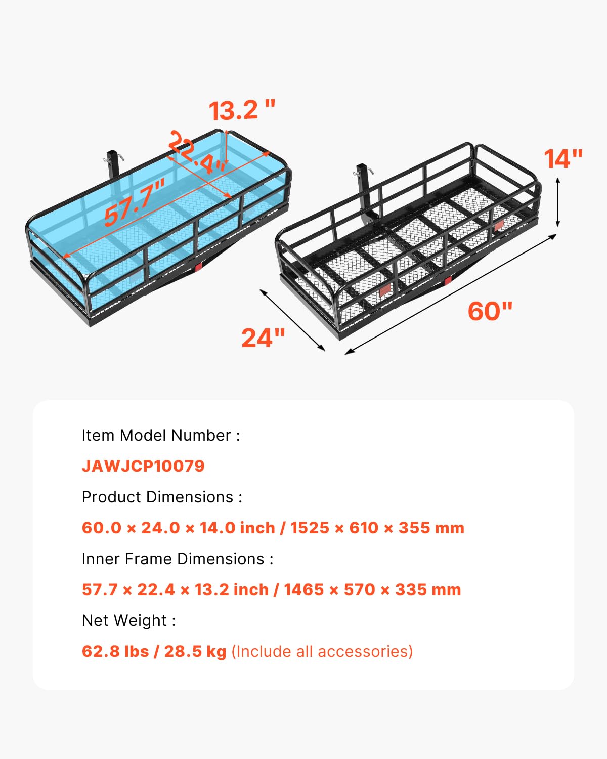 VEVOR 60x24x14 in Hitch Cargo Carrier, 500lbs Capacity Folding Trailer Hitch Mount Cargo Basket, Steel Luggage Carrier Rack Fits 2" Hitch Receiver for SUV Pickup Truck