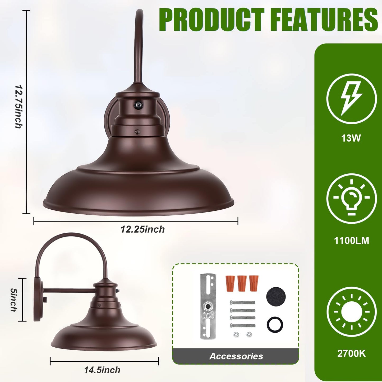 Yolsunes Oil Rubbed Bronze LED Outdoor Barn Lights, 12in Gooseneck Wall Fixture, 2 Pack, 13W 2700K