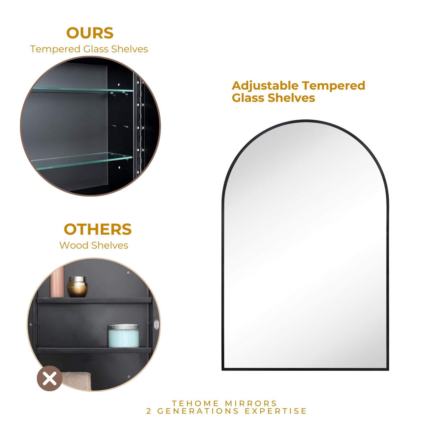 TEHOME 20 x 30'' Black Arched Bathroom Medicine Cabinet with Mirror Recessed and Surface Mounted Medicine Cabinet Mirror