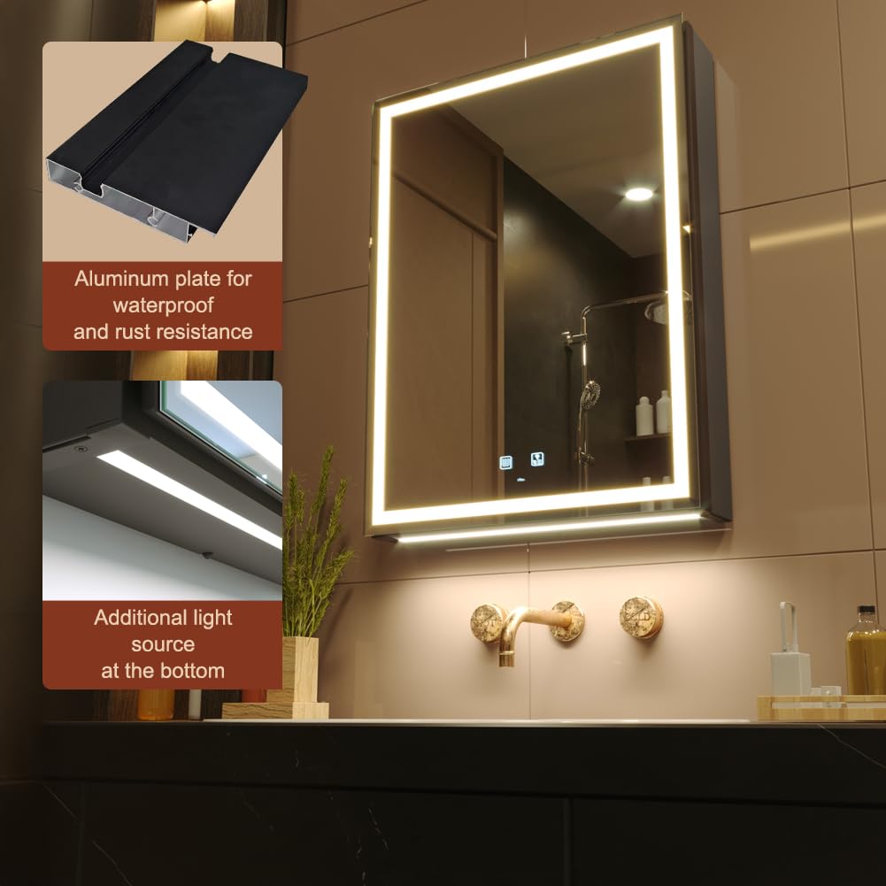KWW LED Lighted Bathroom Medicine Cabinet with Sockets & USBs, Defogger, Dimmable, 3 Color Light Makeup Mirror, Easy to Install, Wall Mounted Cabinet (Left hinge-20 * 28)