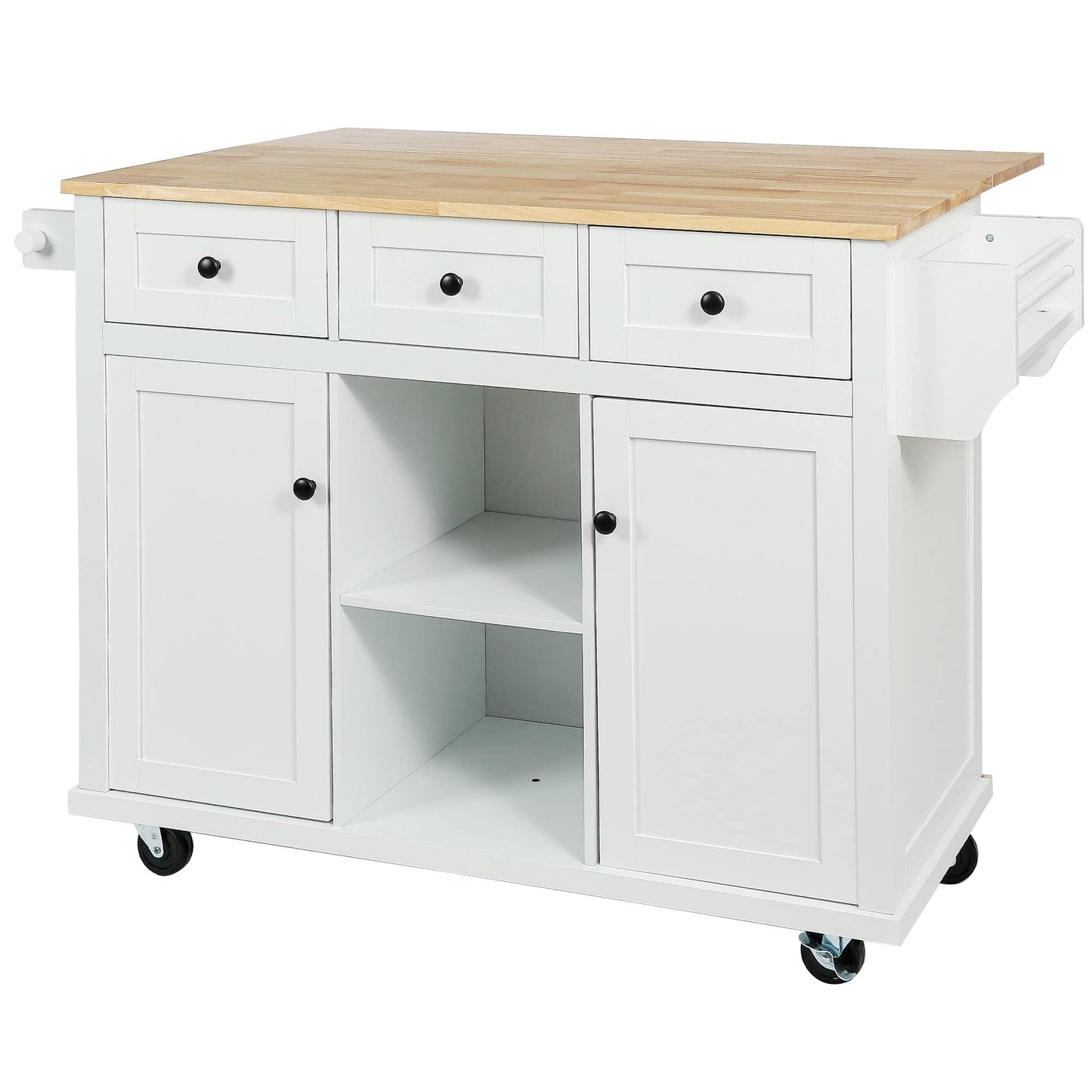 Merax Rolling Mobile Kitchen Island Cart Breakfast Bar with Wood Top, Door Internal Storage Racks, 3 Drawers and 5 Wheels for Dining Room