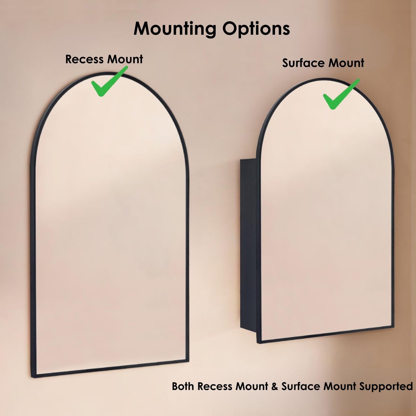 TEHOME 20 x 30'' Black Arched Bathroom Medicine Cabinet with Mirror Recessed and Surface Mounted Medicine Cabinet Mirror