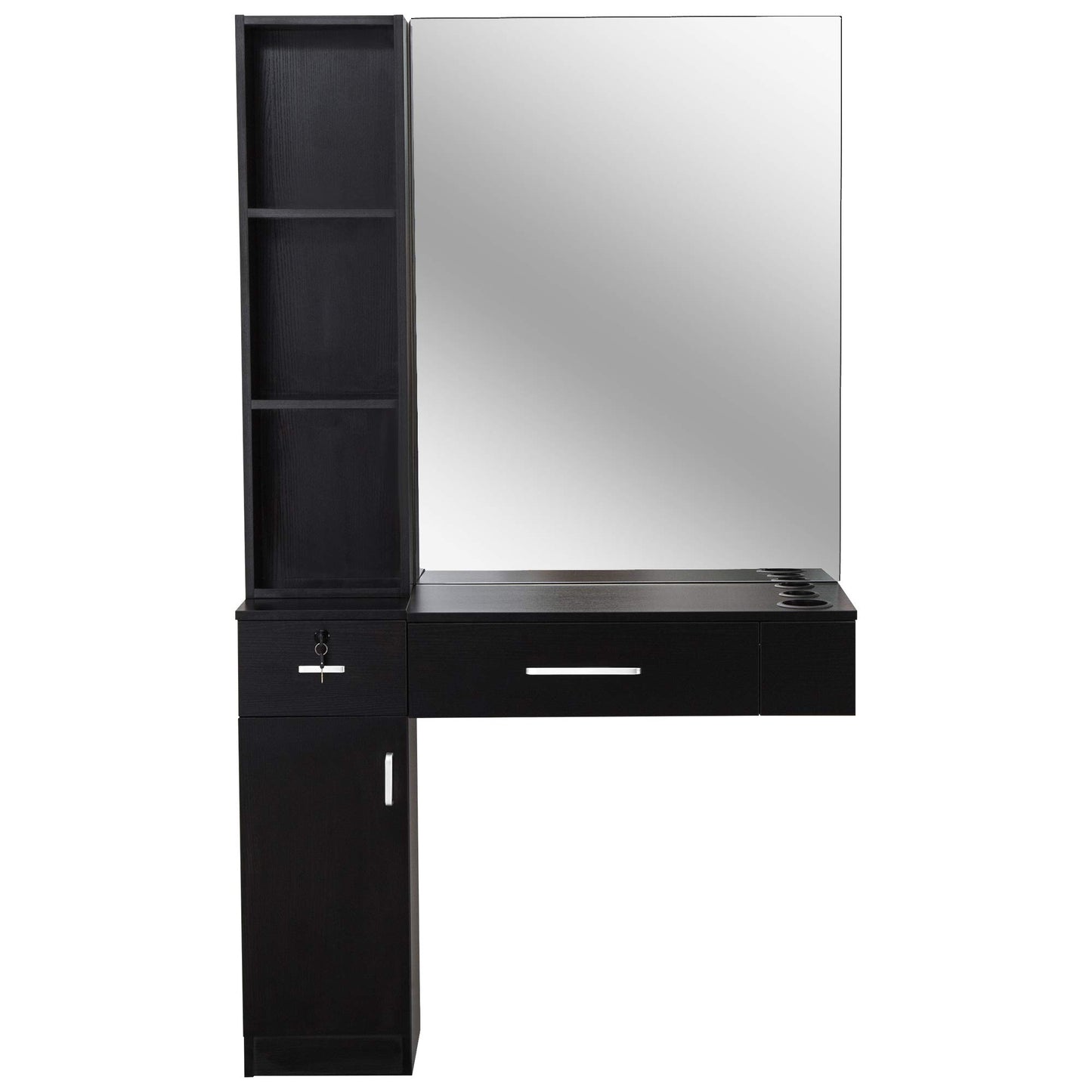 BarberPub Wall Mount Hair Styling Station with Mirror Beauty Salon Spa Equipment Set with 3 Hair Dryer Holders 3036 (Black)