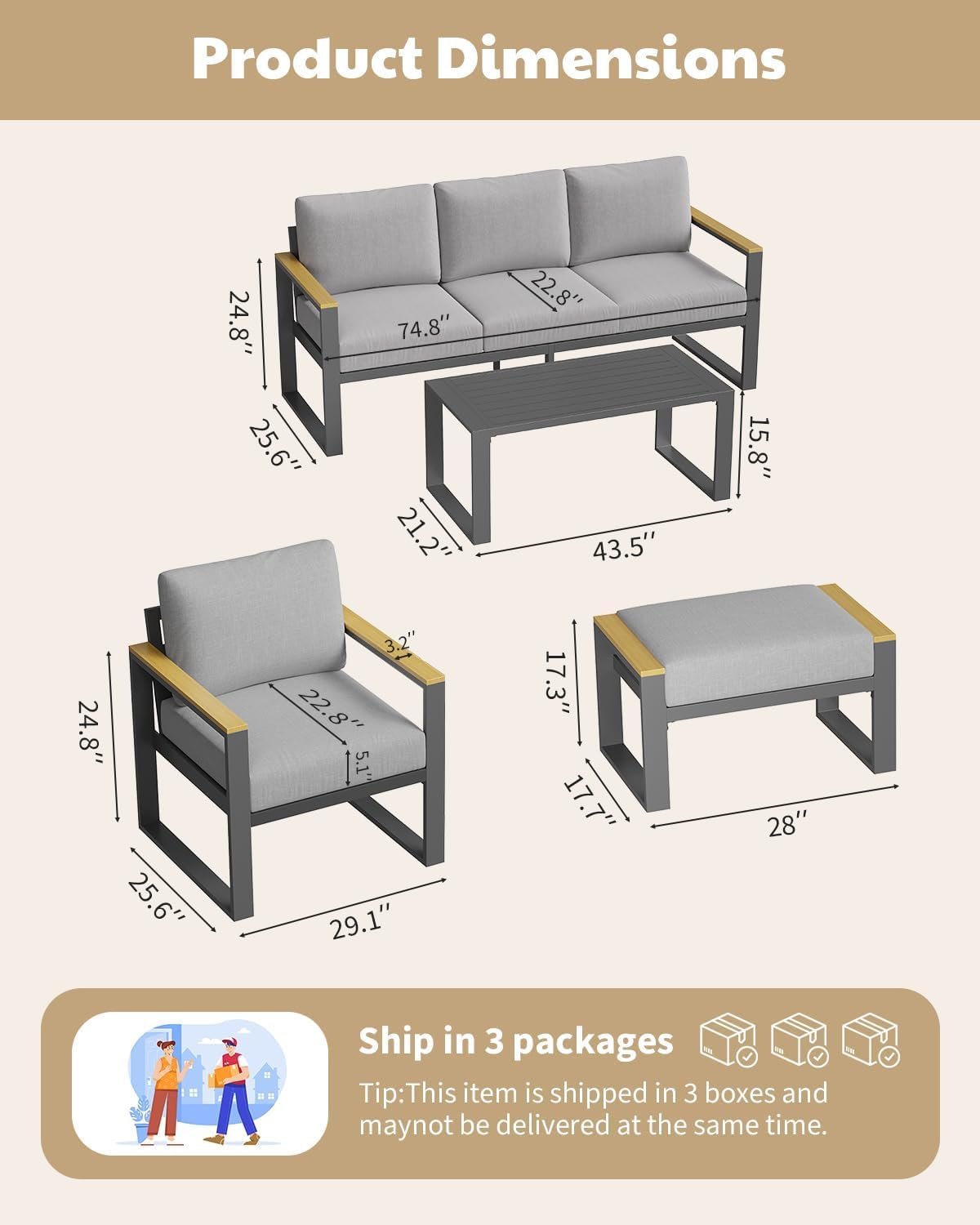 GarveeLife Aluminum Patio Furniture Set, 7 Seats Outdoor Patio Conversation Sets with Coffee Table, 6 Pieces Metal Conversation Sectional Furniture Sofa for Balcony, Garden, Deck, Backyard,Gray