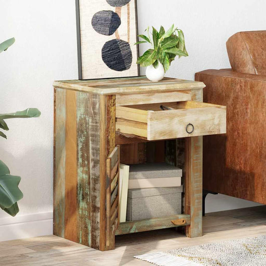 Antique Reclaimed Wood End Table with 1 Drawer and 1 Door, Rustic Nightstand for Living Room or Bedroom, Handmade Storage Cabinet with Vintage Style