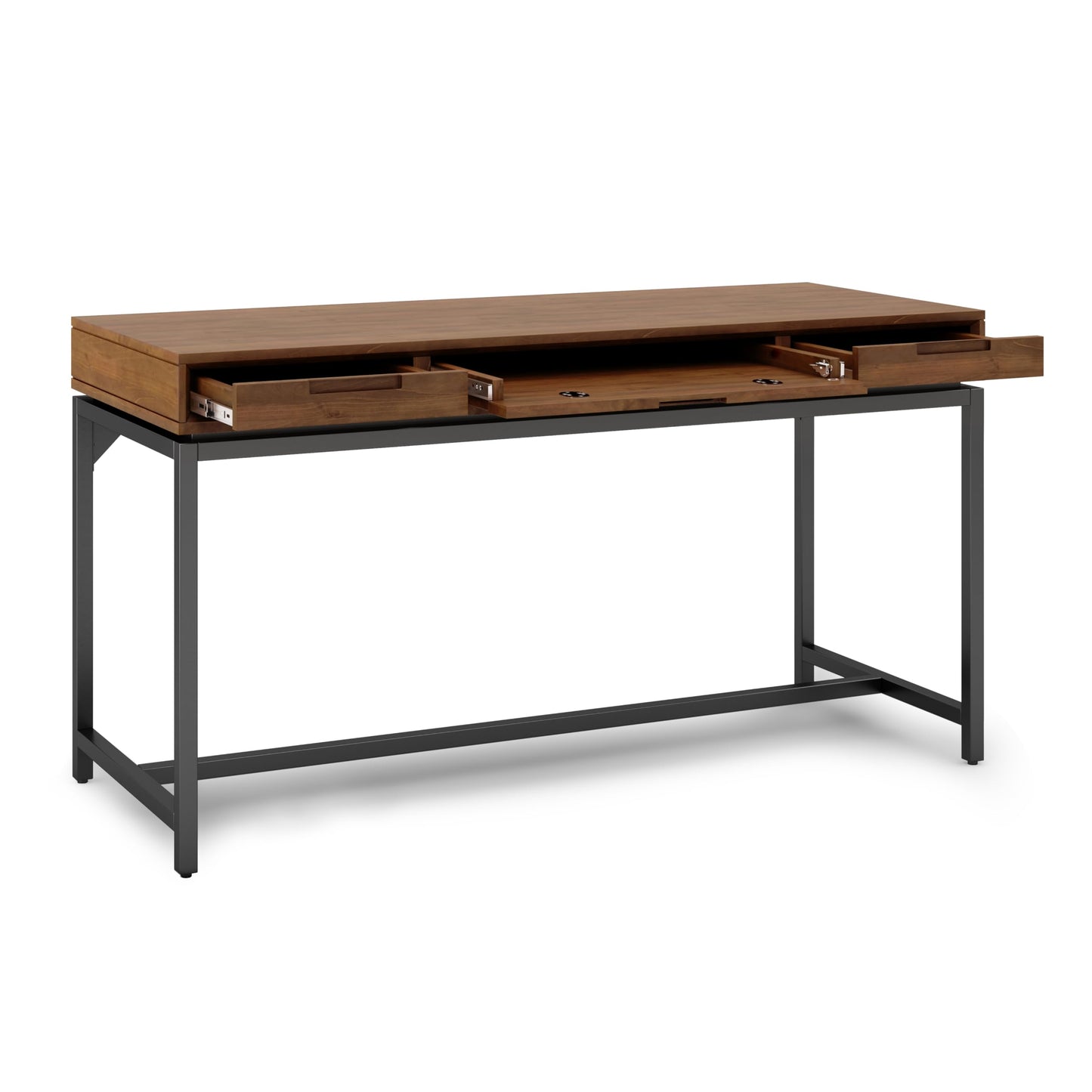 SIMPLIHOME Banting Desk - 60 Inch Wide Solid Wood and Metal Writing Desk in Medium Saddle Brown, Modern Industrial Home Office Computer Table for Study with 2 Drawers and Flip-Down Keyboard Tray