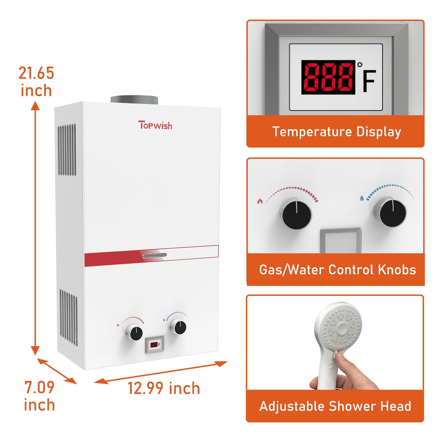 TOPWISH Portable Propane Water Heater Tankless, 10L 2.64GPM Instant Gas Hot Water Heater 68,100 BTU with Digital Display Overheating Protection for Outdoor Camping RV Cabin Shower