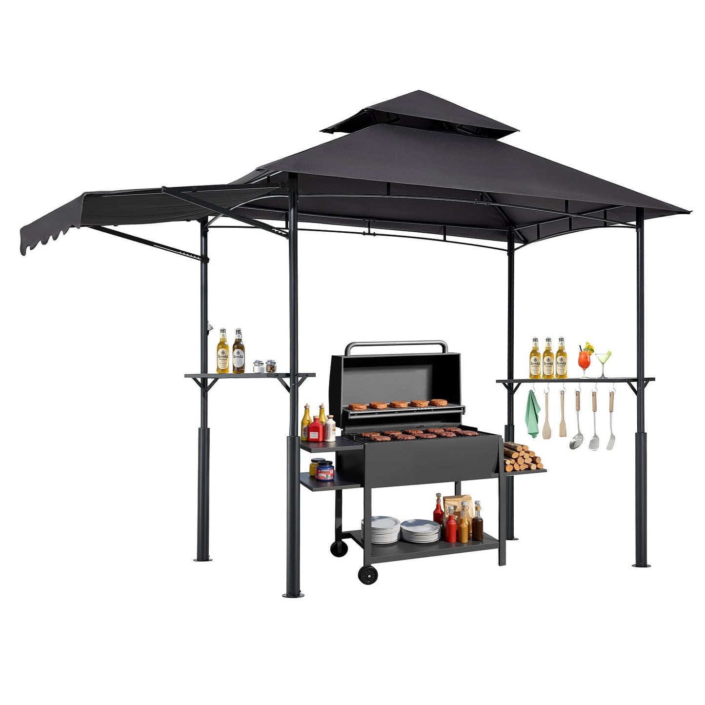 VEVOR Grill Gazebo, 8x5 ft BBQ Gazebo with Extra Awning, Double-Tiered Outdoor Grill Shelter, Thickened Support Legs, Powder-Coated Steel Grilling Canopy with Side Shelves, Bottle Opener & Hooks