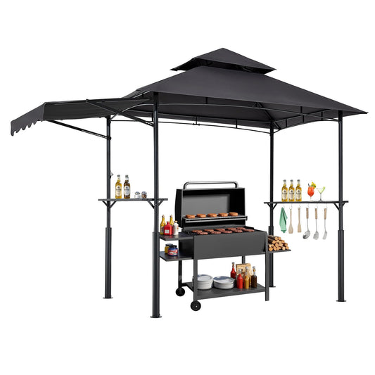 VEVOR Grill Gazebo, 8x5 ft BBQ Gazebo with Extra Awning, Double-Tiered Outdoor Grill Shelter, Thickened Support Legs, Powder-Coated Steel Grilling Canopy with Side Shelves, Bottle Opener & Hooks