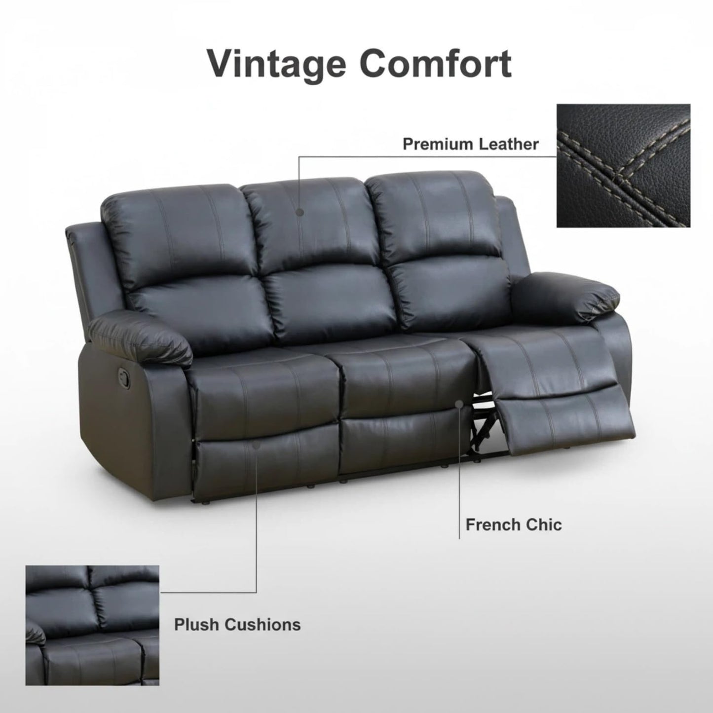 Trygoal Manual Recliner Sofa Set, Leather Reclining Living Room Furniture Set, Adjustable Backrest Reclining Loveseat Sofa and a 3 Seater Couch Furniture Set for Living Room, Home Theater, Black